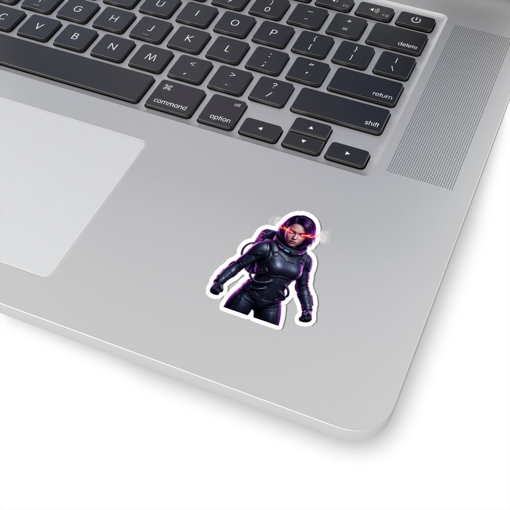 Cyberpunk Astronaut Sticker — Futuristic Female Space Pilot with Neon Eyes