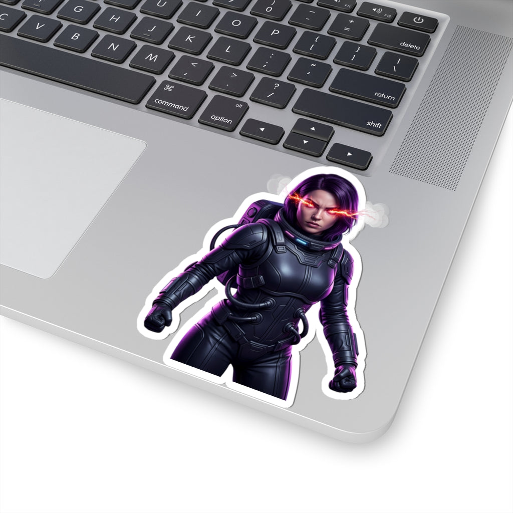 Cyberpunk Astronaut Sticker — Futuristic Female Space Pilot with Neon Eyes