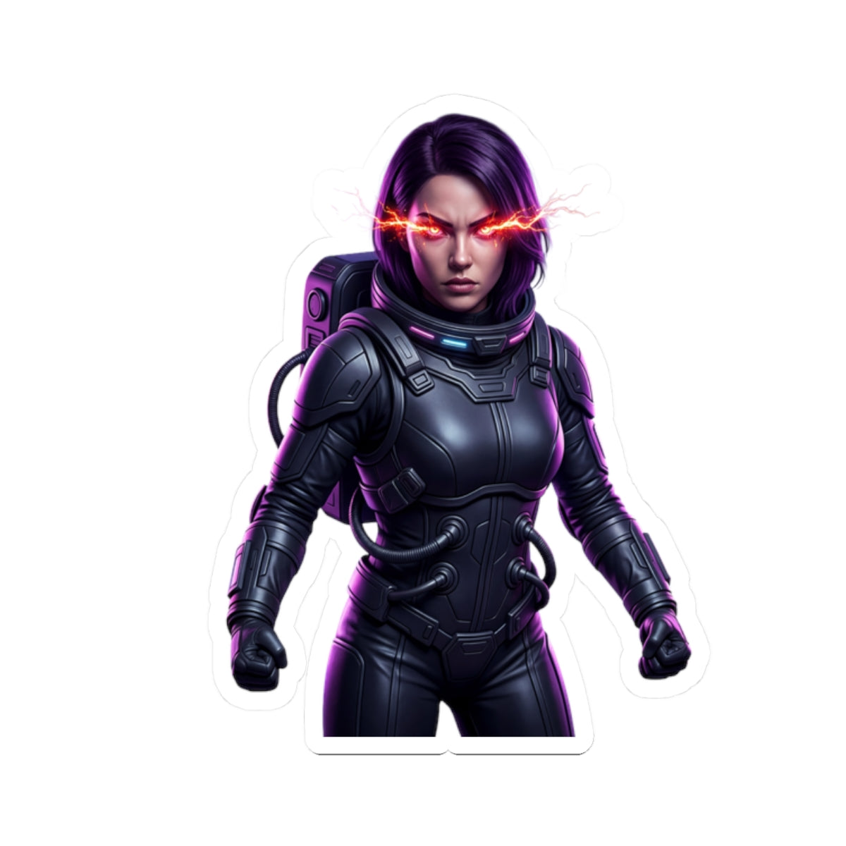 Cyberpunk Astronaut Sticker — Futuristic Female Space Pilot with Neon Eyes