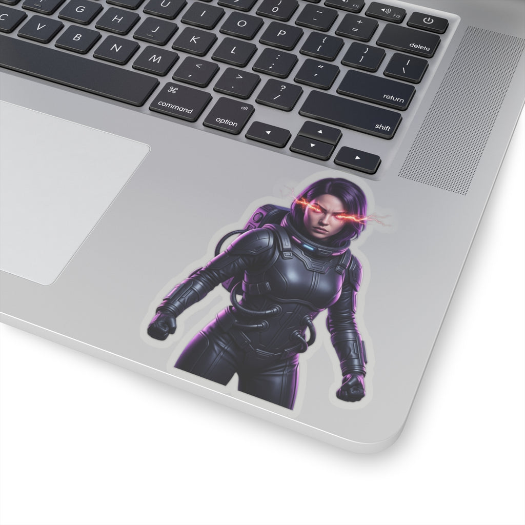 Cyberpunk Astronaut Sticker — Futuristic Female Space Pilot with Neon Eyes