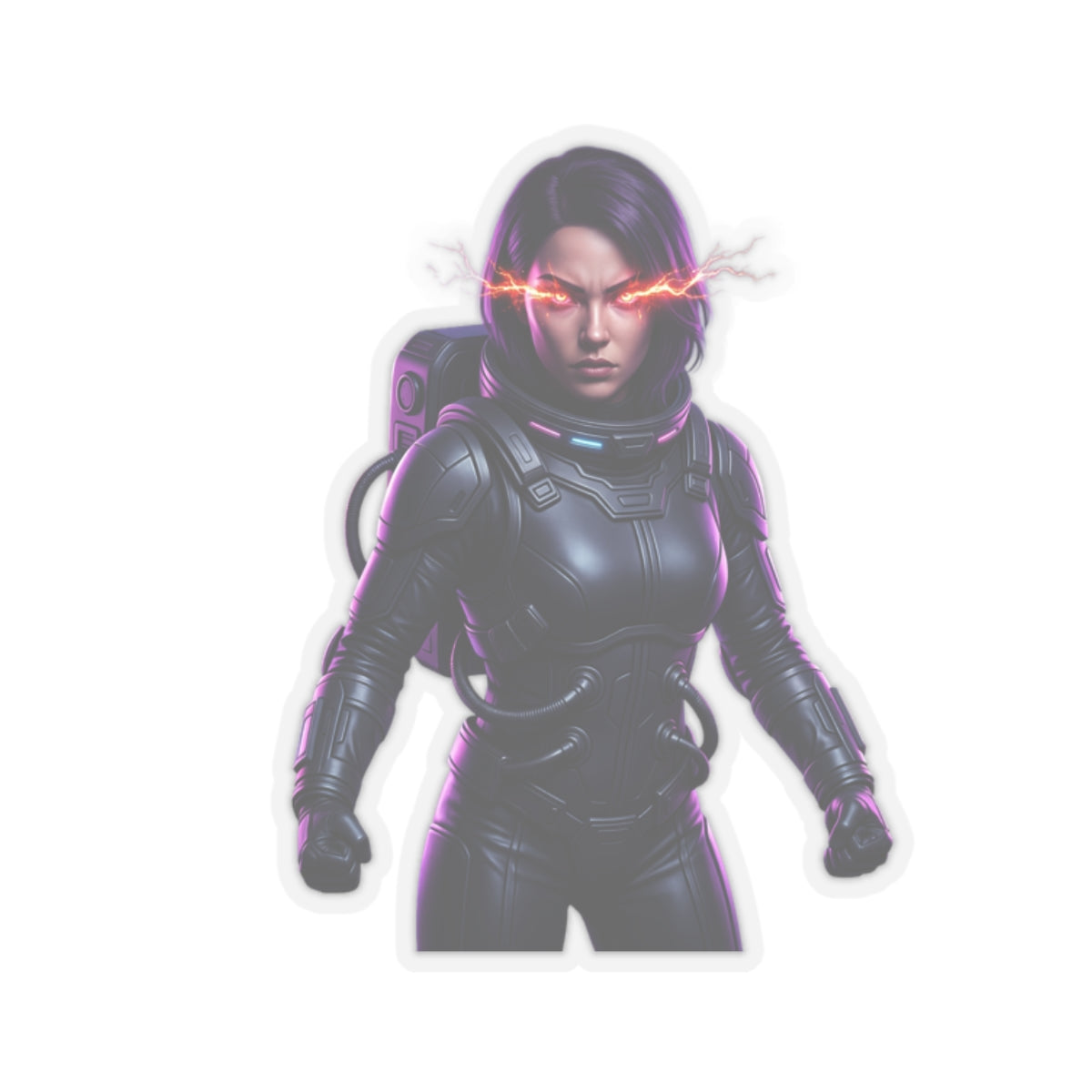 Cyberpunk Astronaut Sticker — Futuristic Female Space Pilot with Neon Eyes