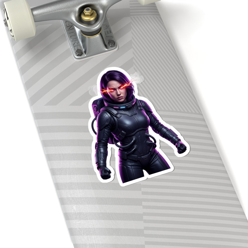 Cyberpunk Astronaut Sticker — Futuristic Female Space Pilot with Neon Eyes