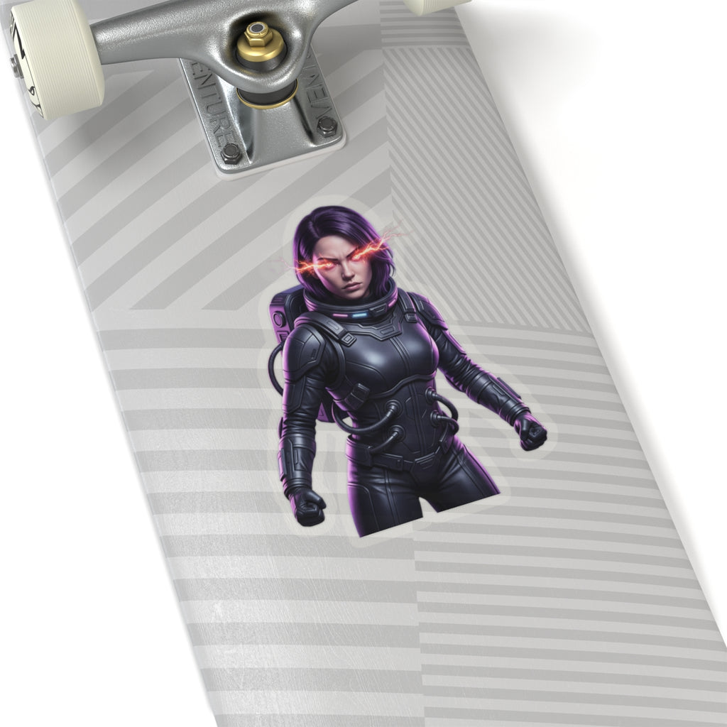 Cyberpunk Astronaut Sticker — Futuristic Female Space Pilot with Neon Eyes