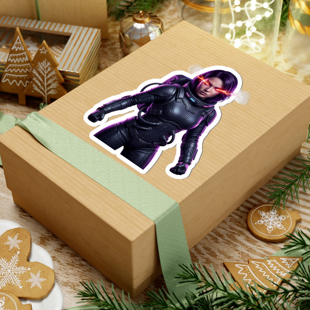 Cyberpunk Astronaut Sticker — Futuristic Female Space Pilot with Neon Eyes